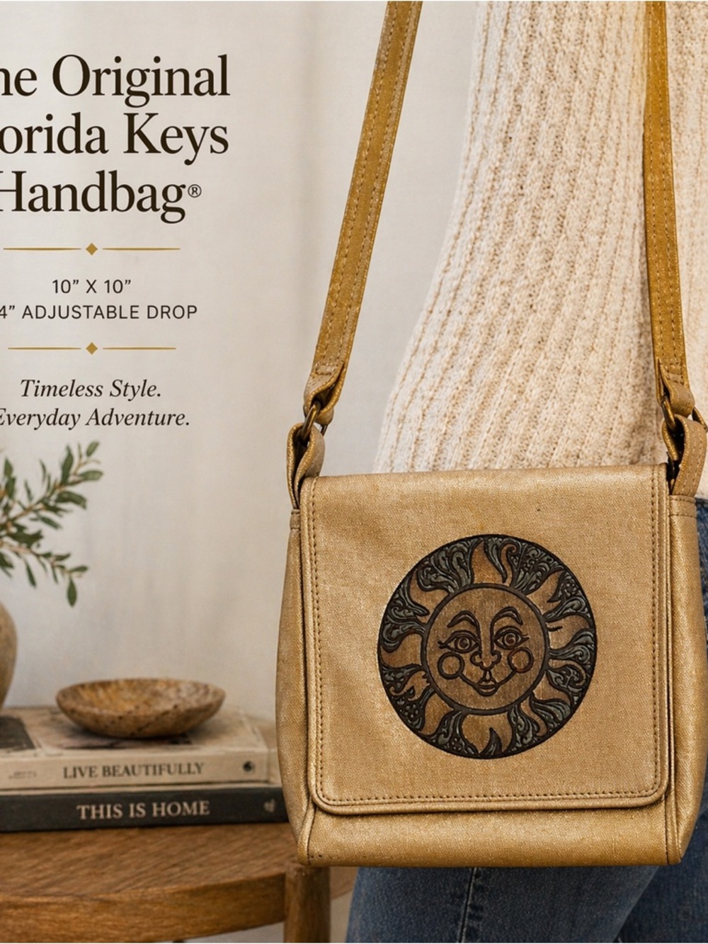 Metallic Gold Crossbody Bag with Sun Medallion